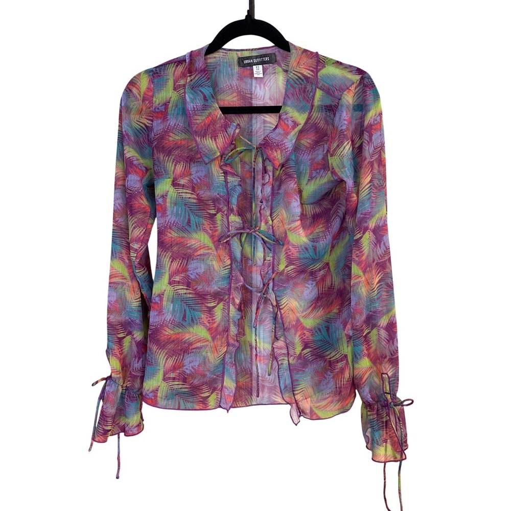 Urban Outfitters Sheer Mesh Blouse Women Purple Tropical Ruffle SIZE XS